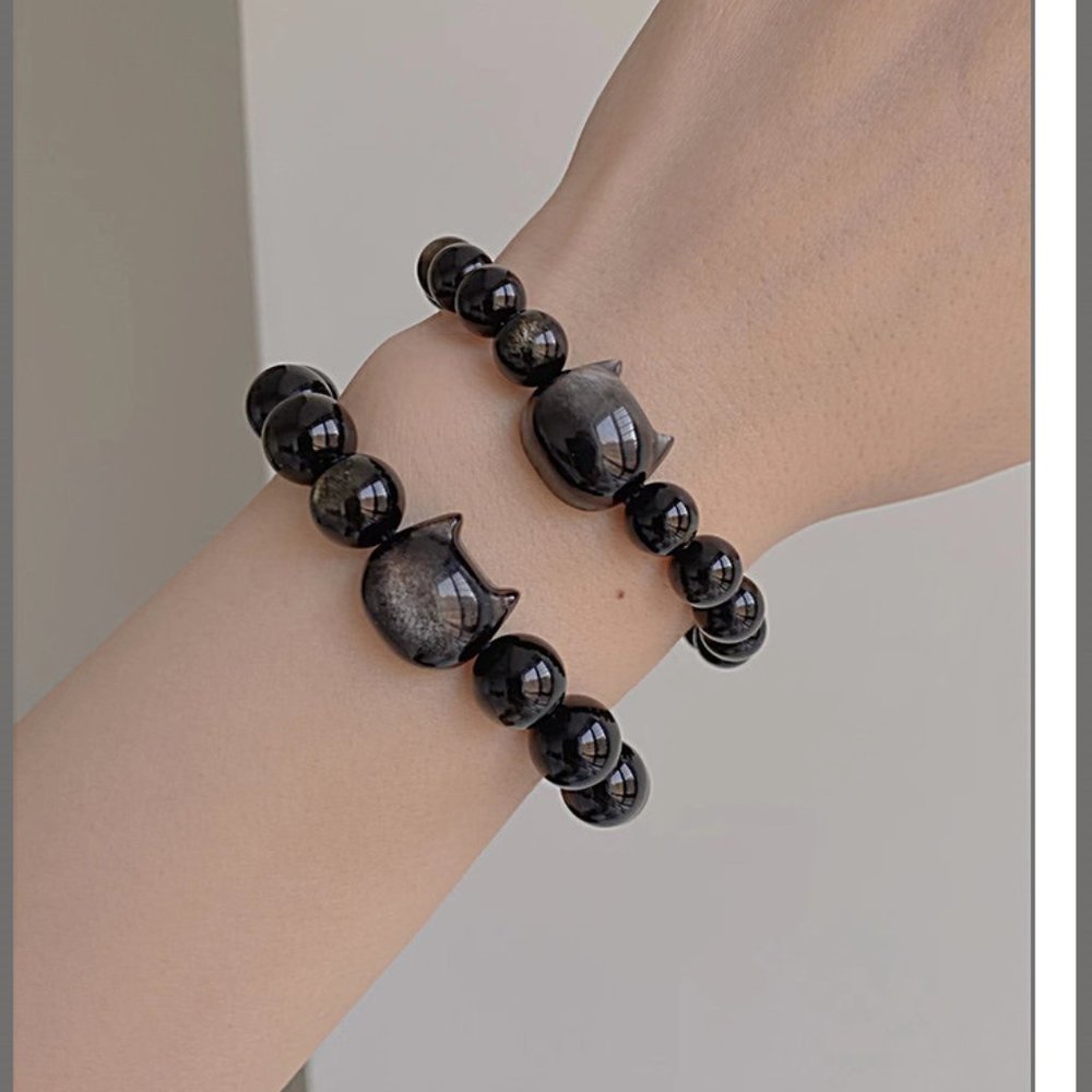 Women's Cat Head Obsidian beaded braccelet,precious stones 8mm